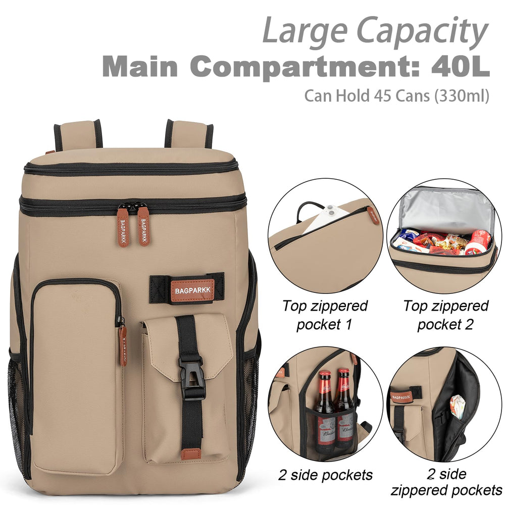 BAGPARKK insulated cooler backpack front pocket provides quick access to snacks.