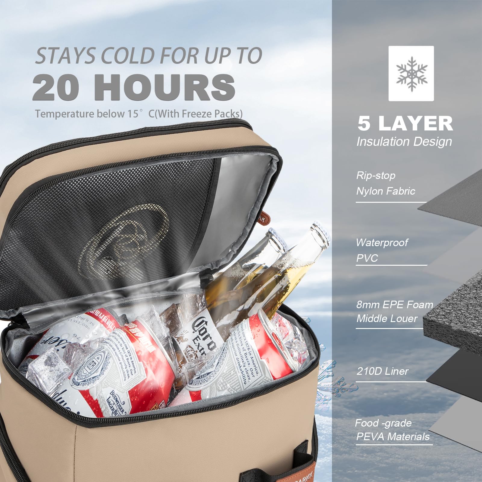 BAGPARKK insulated cooler backpack insulated compartments preserve cold drinks and dry snacks.
