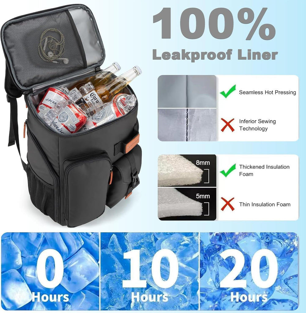 BAGPARKK cooler backpack interior with drinks and dry foods, showcasing double-deck cooling layout.