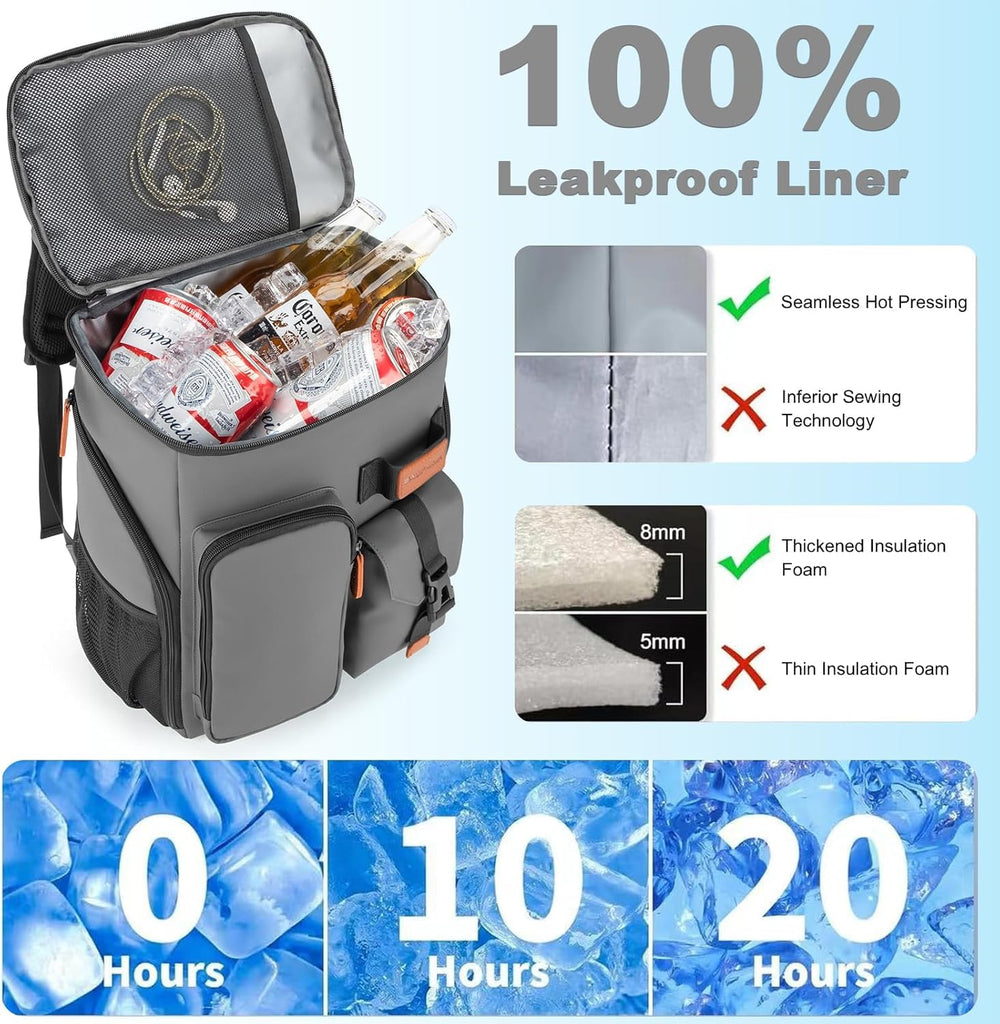 BAGPARKK insulated cooler backpack main compartments filled with beverages, ideal for beach days