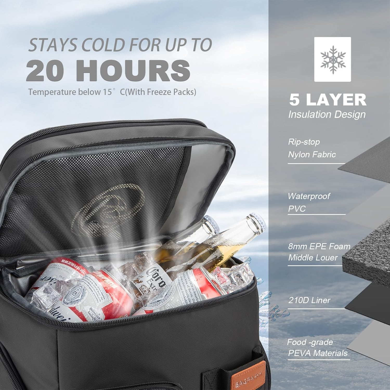 BAGPARKK insulated cooler backpack top compartments open, ideal for organizing drinks and snacks.