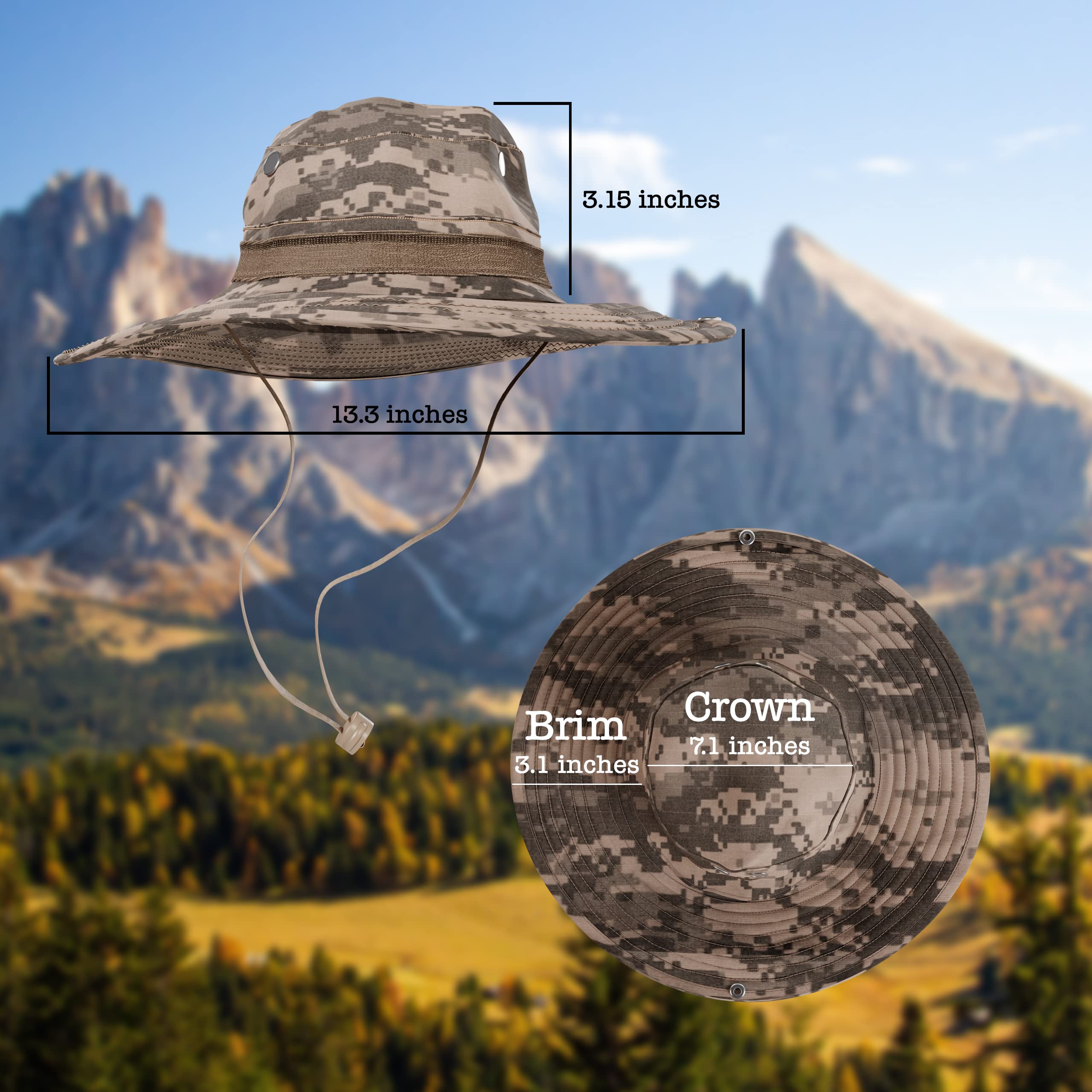 BaHoki Essentials camo hat on a hiking backdrop for outdoor gear.