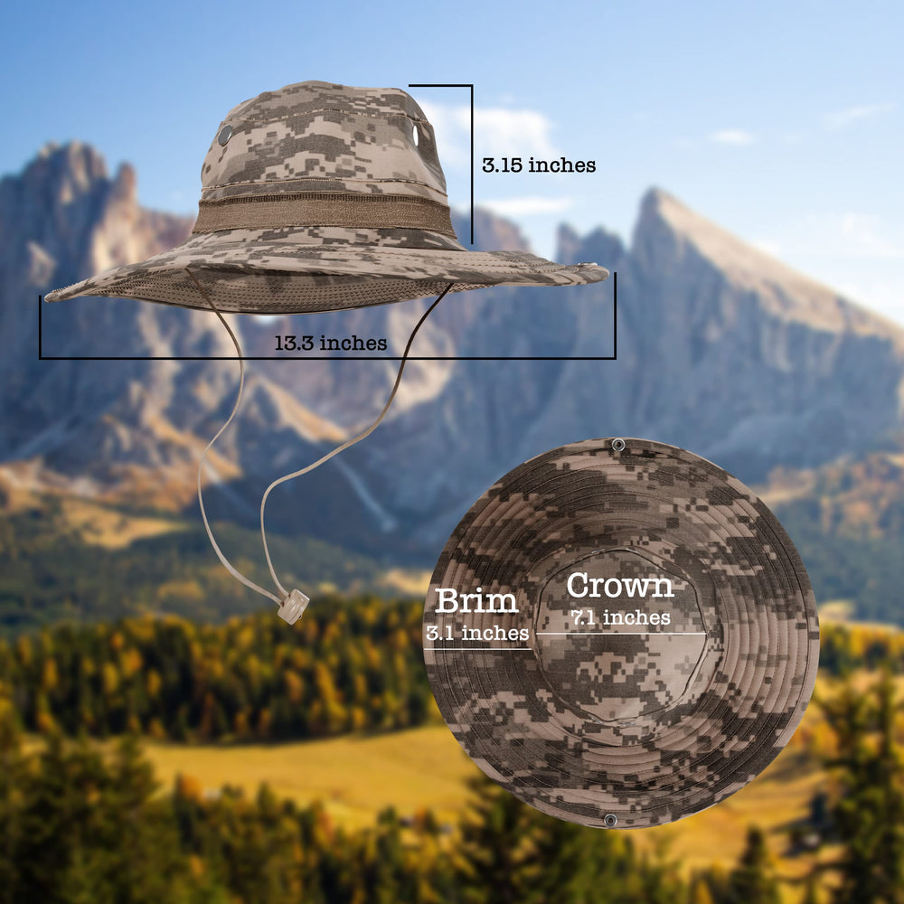 BaHoki Essentials camo hat on a hiking backdrop for outdoor gear.