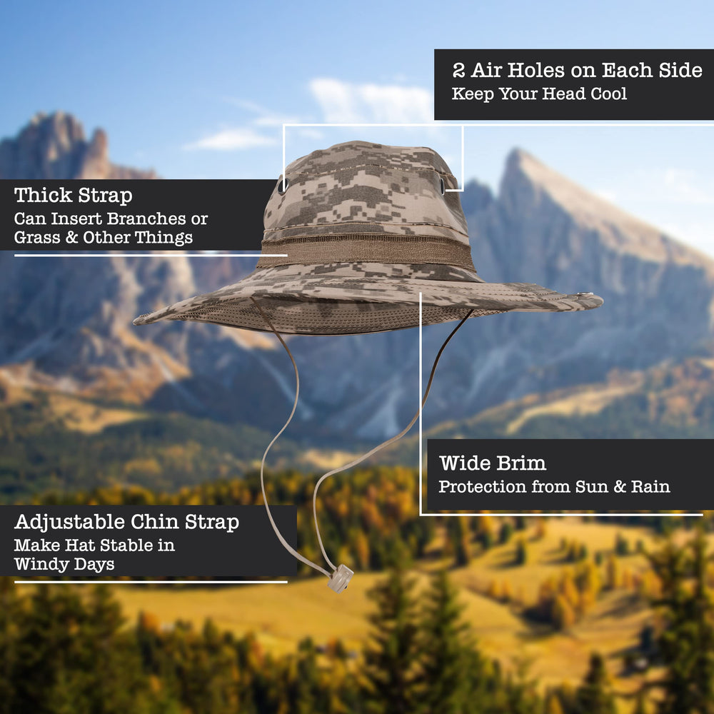 BaHoki Essentials bucket hat showing chin strap for secure wear in wind.