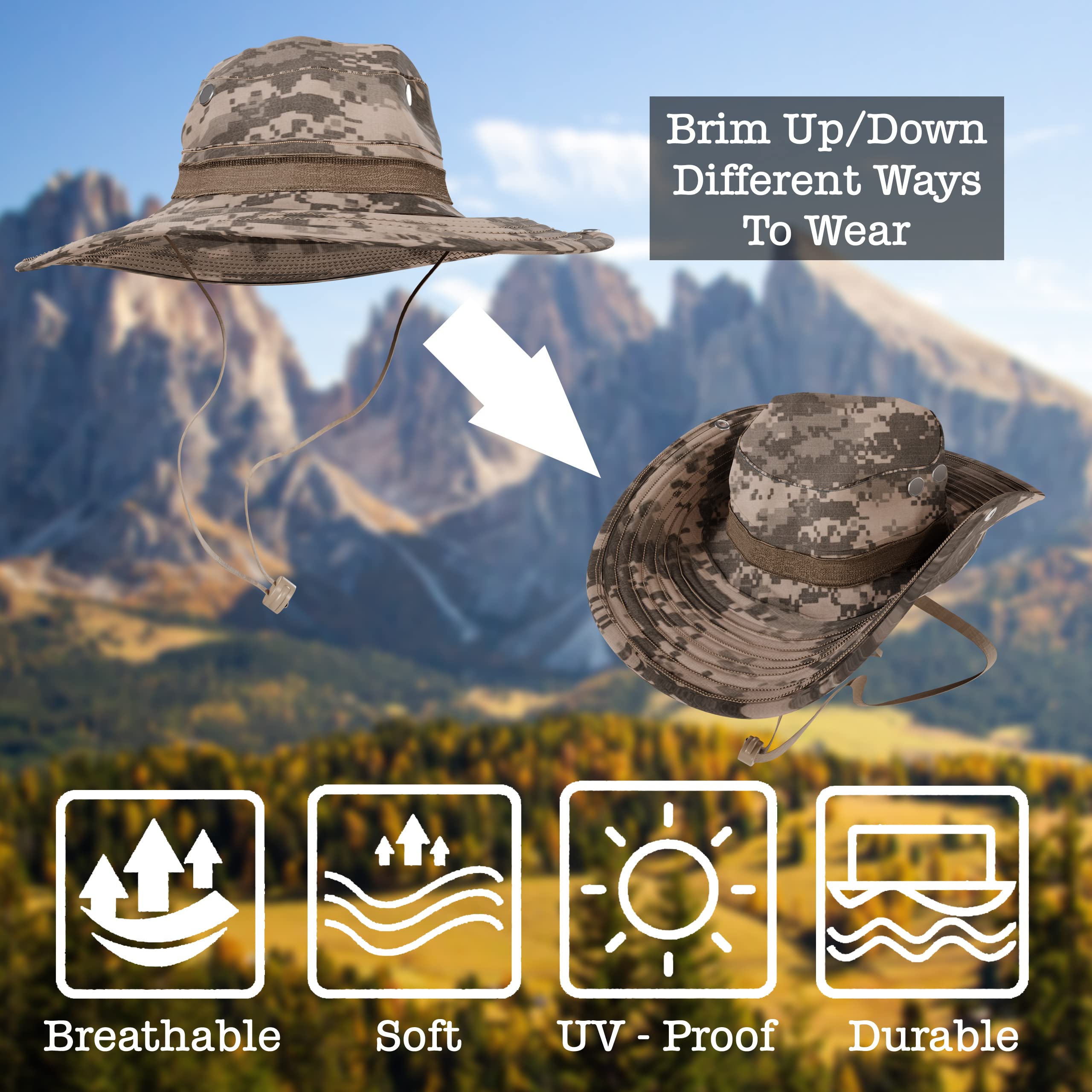 BaHoki Essentials durable stitching on a camo bucket hat for rugged use.