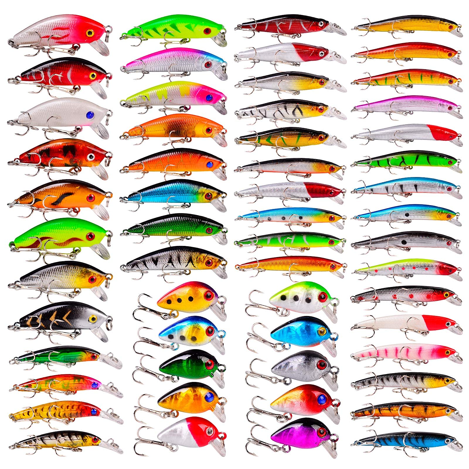 Baikalbass 56pcs lures set wide view shows vibrant colors for bass fishing.