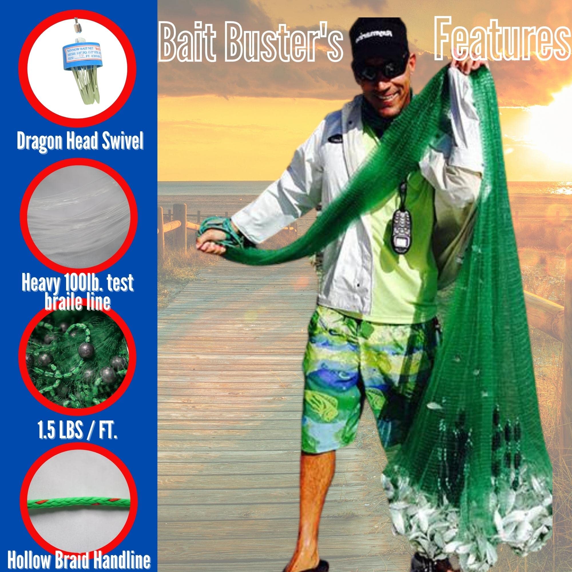 Bait Buster bait cast net casting action with Dragon Head swivel reduces tangles.