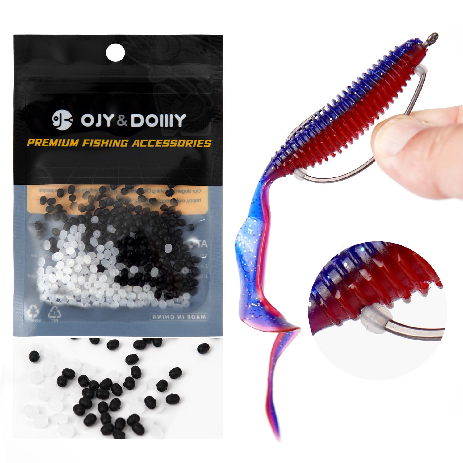 Bait Stoppers 300-Pack beads on a fishing hook shank
