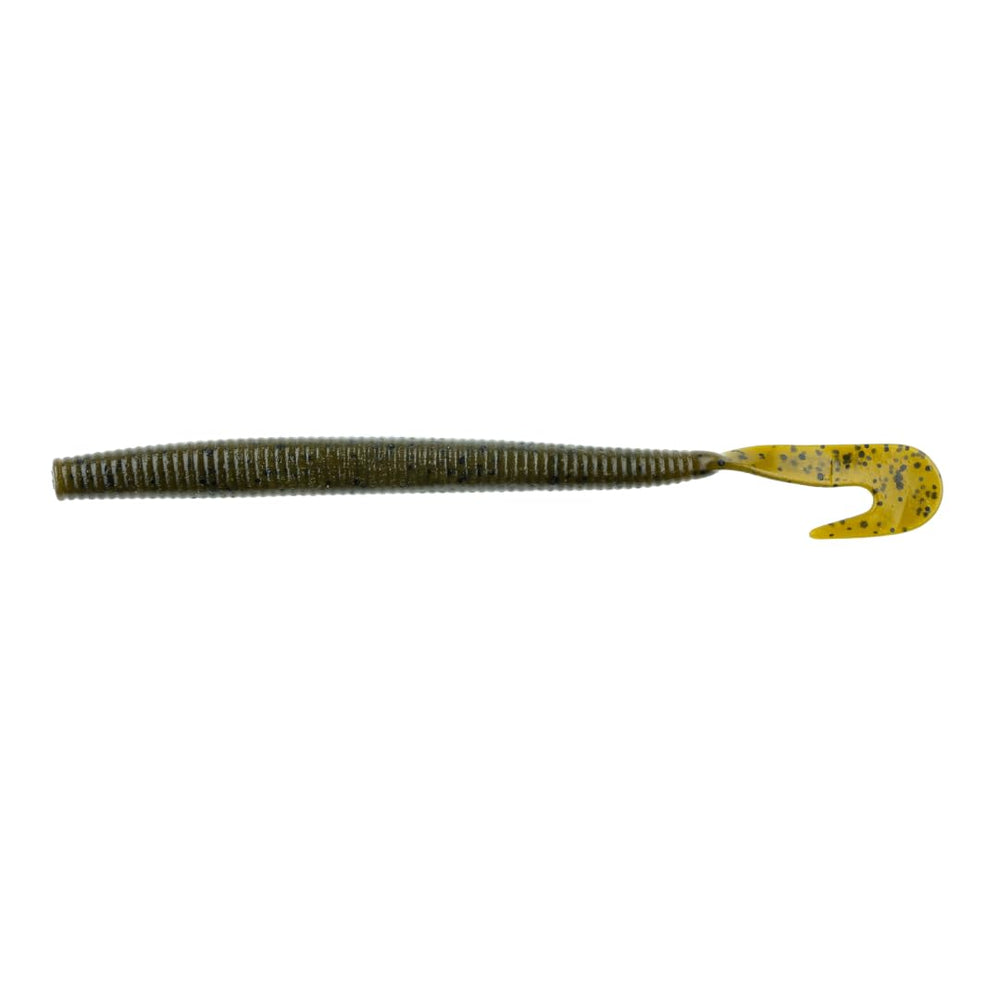 BAITFUEL Big Bopper Worm green pumpkin side view highlights slim profile for weed-friendly fishing.