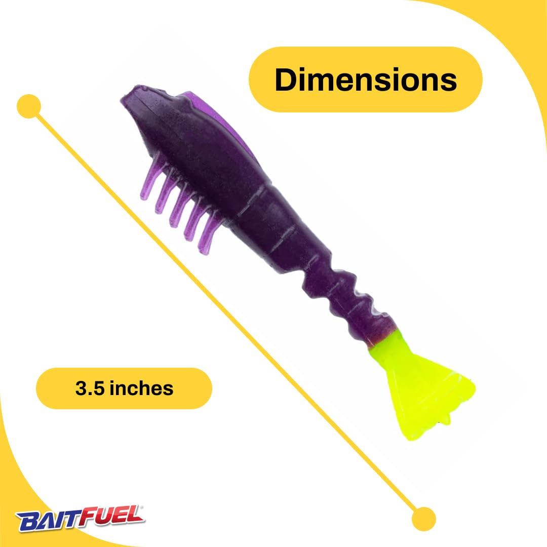 Close-up of BAITFUEL Saltwater GO2 Shrimp color highlights purple chartreuse for visibility.