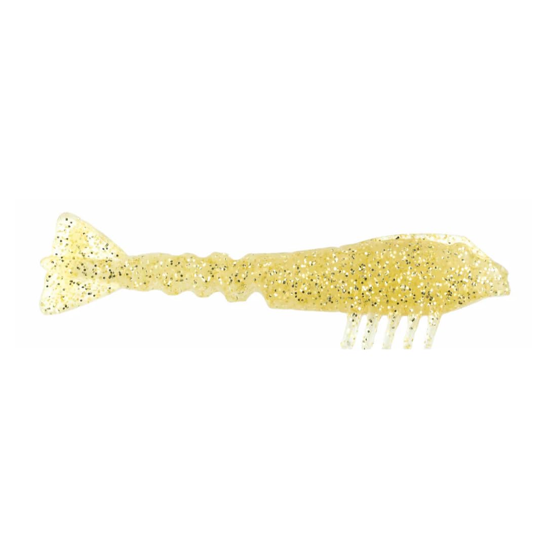 BAITFUEL Saltwater GO2 Shrimp with gold glitter close-up, showcasing flashy lure appeal for predators.