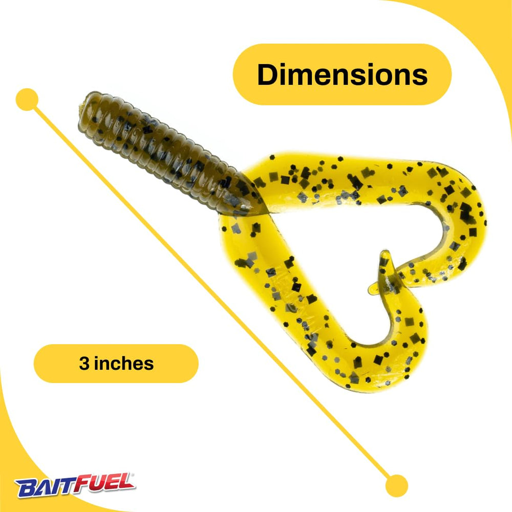 BAITFUEL Twin Tail 3-inch ribbed body enhancing water vibration.