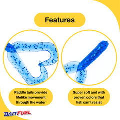 BAITFUEL Twin Tail Creature Bait sapphire blue ribbed body highlights vibration.