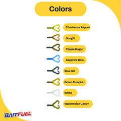 BAITFUEL Twin Tail trailer attached to a chatterbait for versatile trailer use.