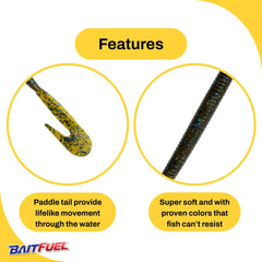 BAITFUEL u-shape tail detail highlighting mega vibration for predator bites.