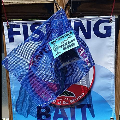 Blue mesh bag with drawstring and small holes