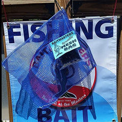 Blue mesh bag with drawstring and small holes