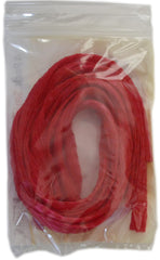 Close-up of red plastic mesh chum bag opened