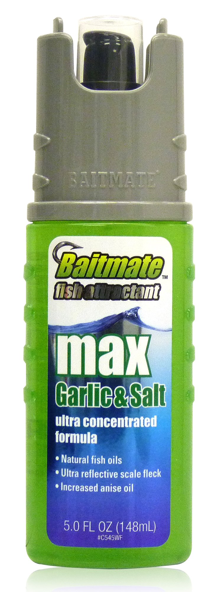 BAITMATE Max Garlic with Salt Scent attractant bottle highlights potent scent and visual lure enhancement