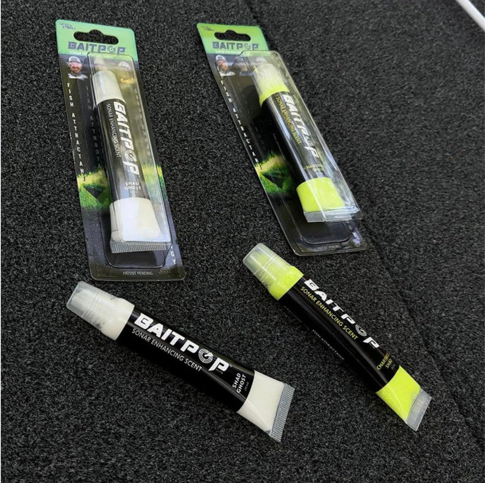 BAITPOP Elite sonar-enhancing technology graphic highlights improved lure signal on sonar.