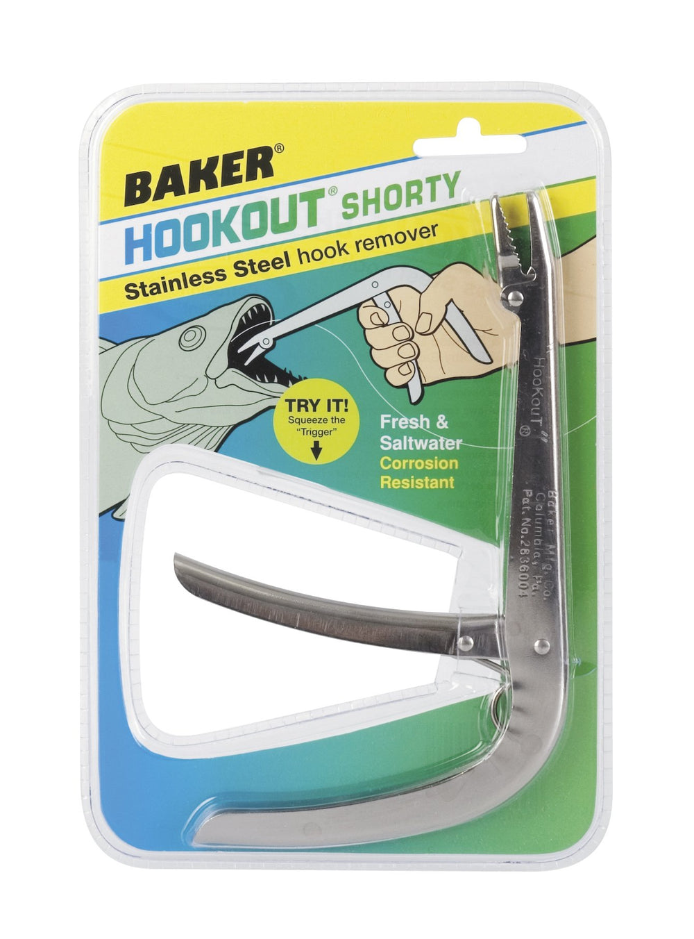 Baker H6S Shorty Hookout close-up showing stainless steel jaws for precise, fish-safe hook removal.