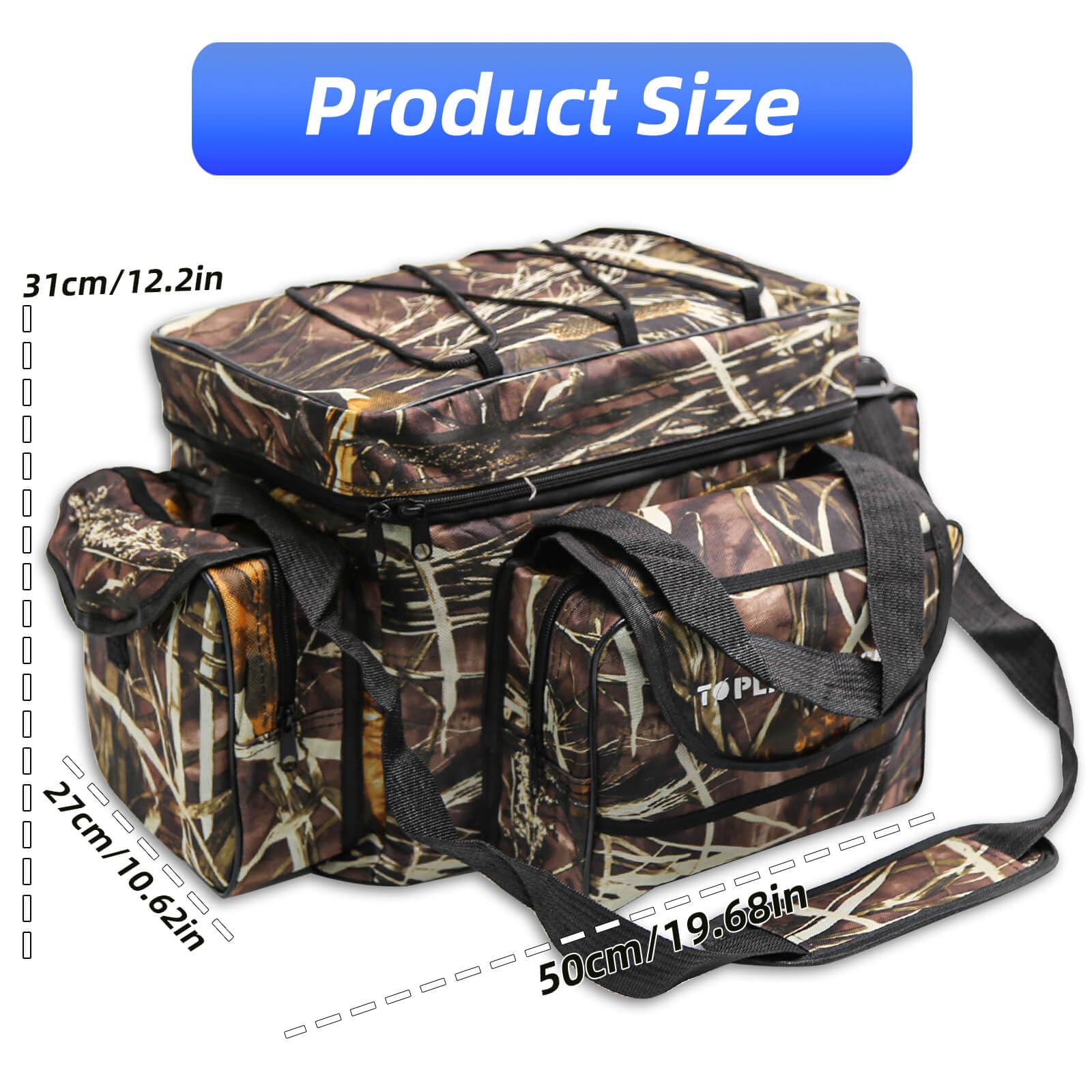 Side view showing handle and adjustable shoulder strap