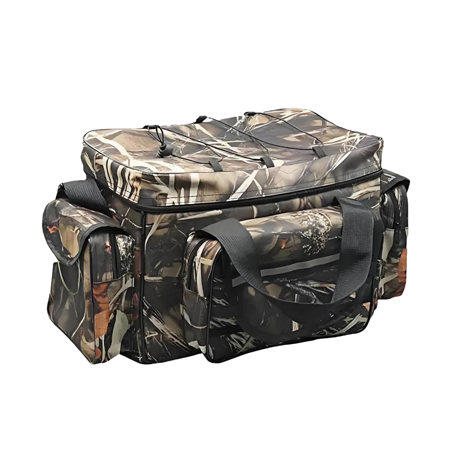 Gift-ready camouflage fishing tackle bag in outdoor setting
