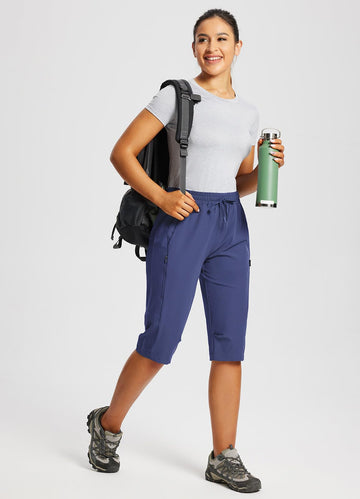 Baleaf women's below-knee capri with elastic waist for easy on-off and fit.