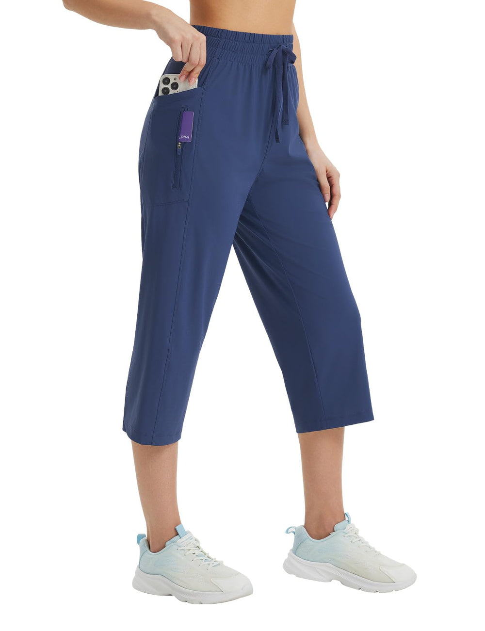 baleaf women's athletic capri pants navy blue hero shot highlighting lightweight design