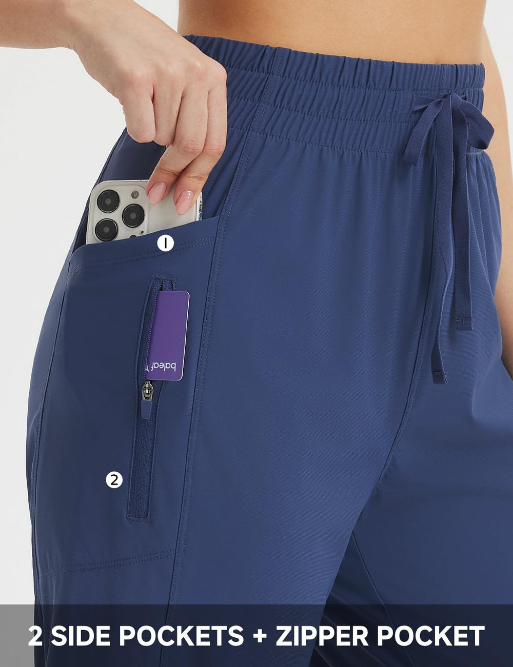 baleaf women's capri pants navy blue leg silhouette showing relaxed movement