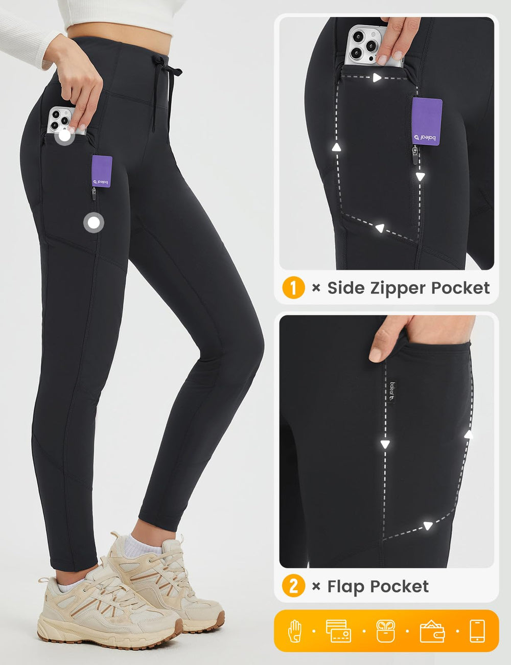 Baleaf leggings with flap and zipper pockets for secure outdoor storage