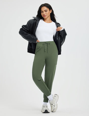 Baleaf women's fleece-lined pants army green full-length showcase color and fit.