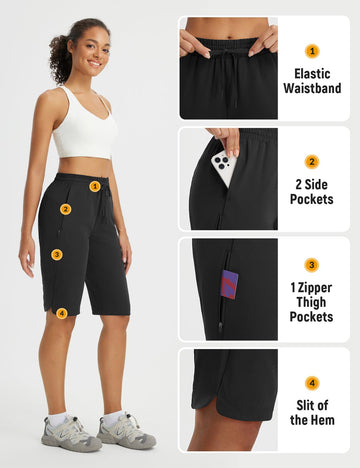 Baleaf shorts back pocket view in black with secure zipper pocket.