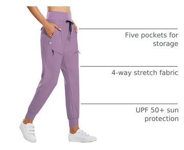 Baleaf women's joggers 28in UPF50 quick-dry fabric ideal for sunny hikes and travel.