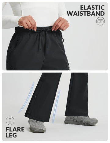 Baleaf women's waterproof pants side view illustrating flexible mobility in snow
