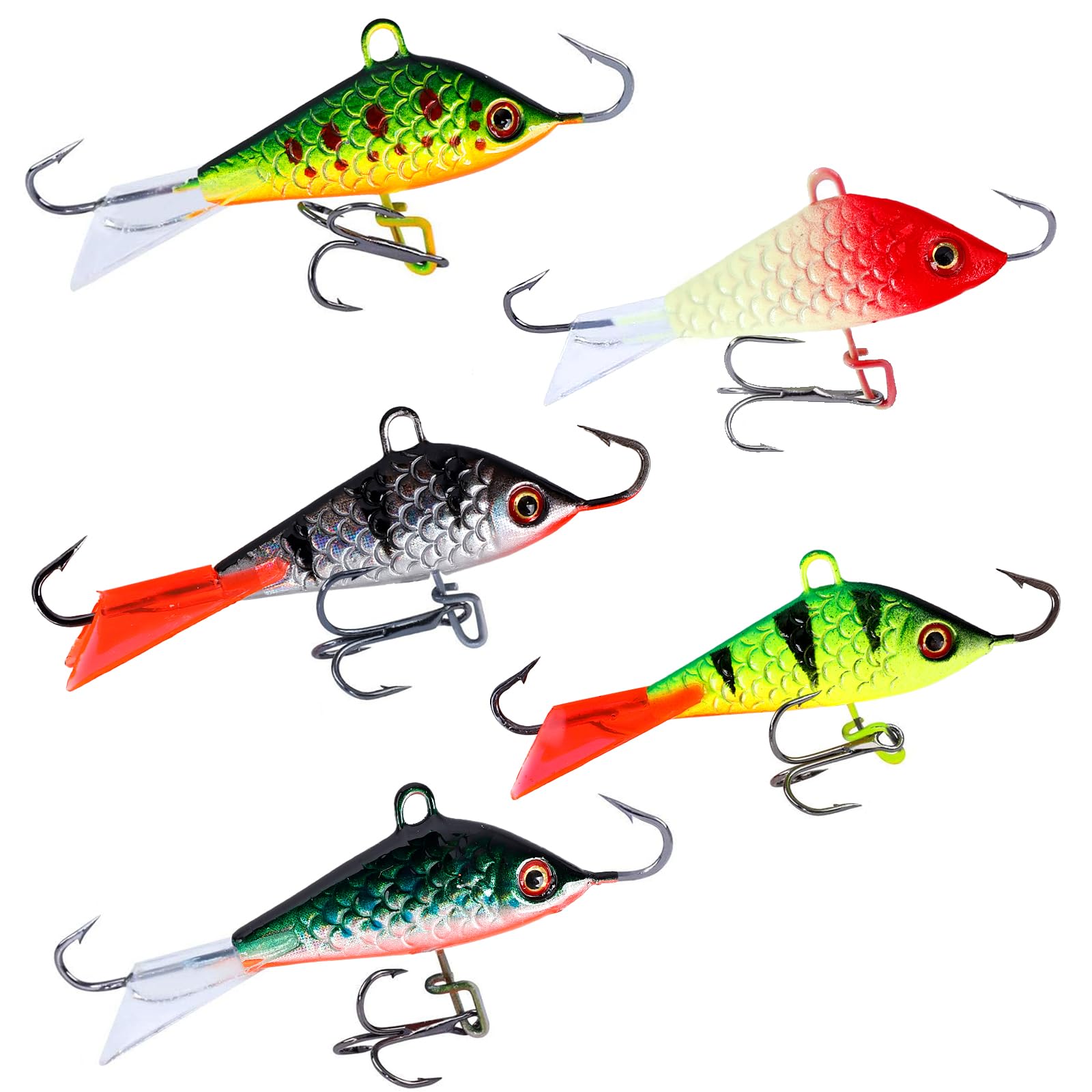 Balifly ice lure front view with three hooks for strong catching in icy waters.