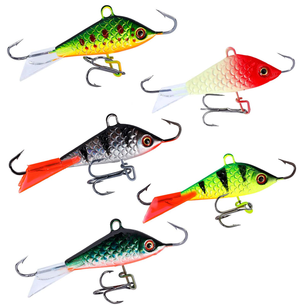 Balifly ice lure front view with three hooks for strong catching in icy waters.