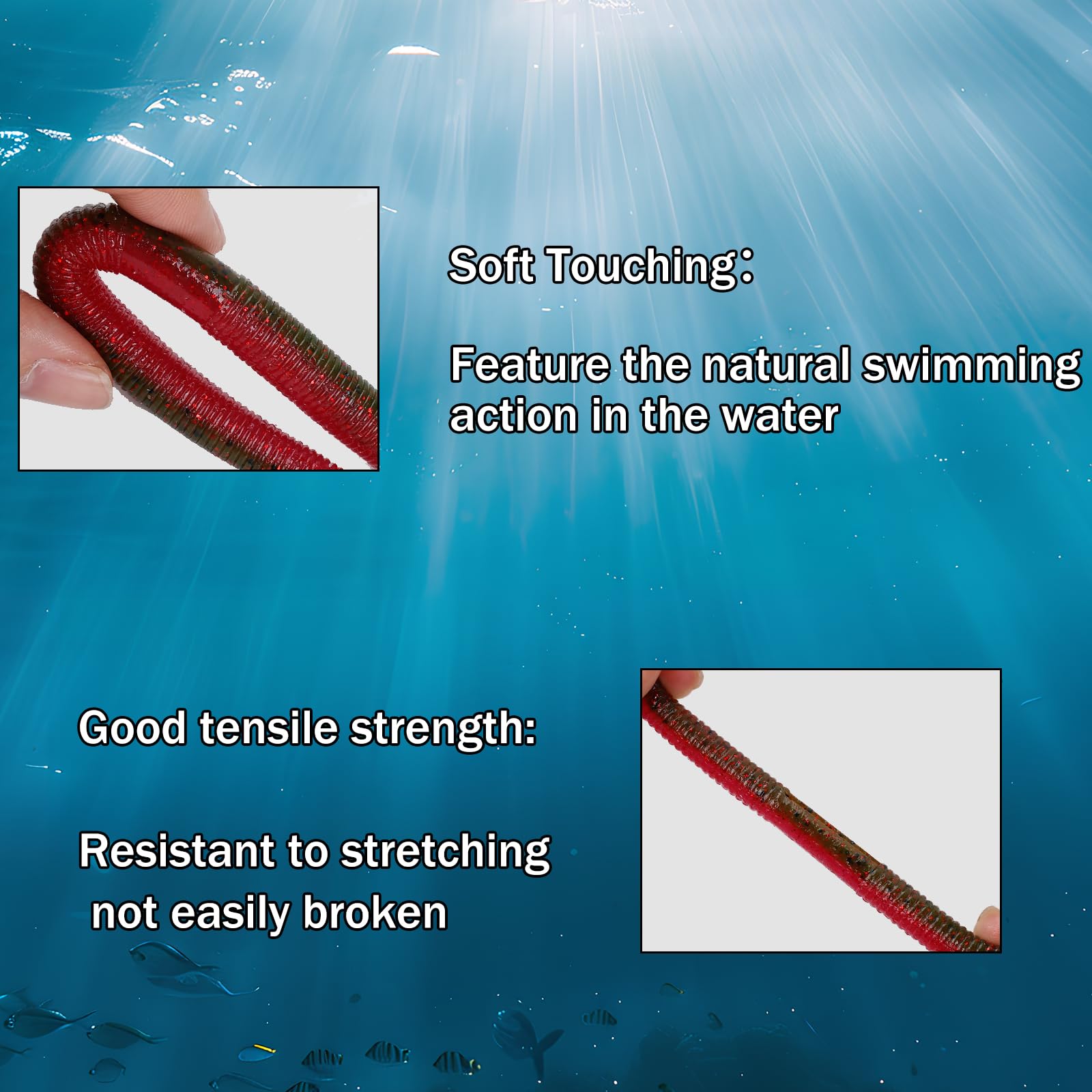 Balifly 5.31-inch worm length fits multiple bass conditions and tackle boxes.