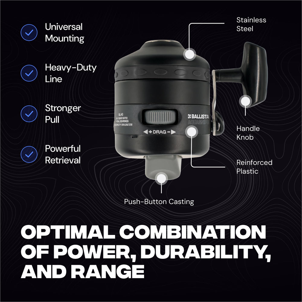 Ballista AquaSnipe BL40 reel with dual handle, easy right or left handed retrieval.