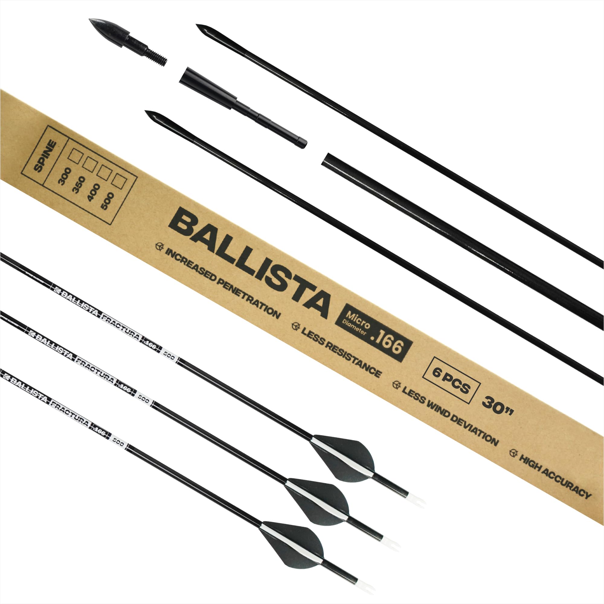 Ballista Fractura 30in carbon arrow pack showing compact shaft for reduced drag and improved hunting stability.