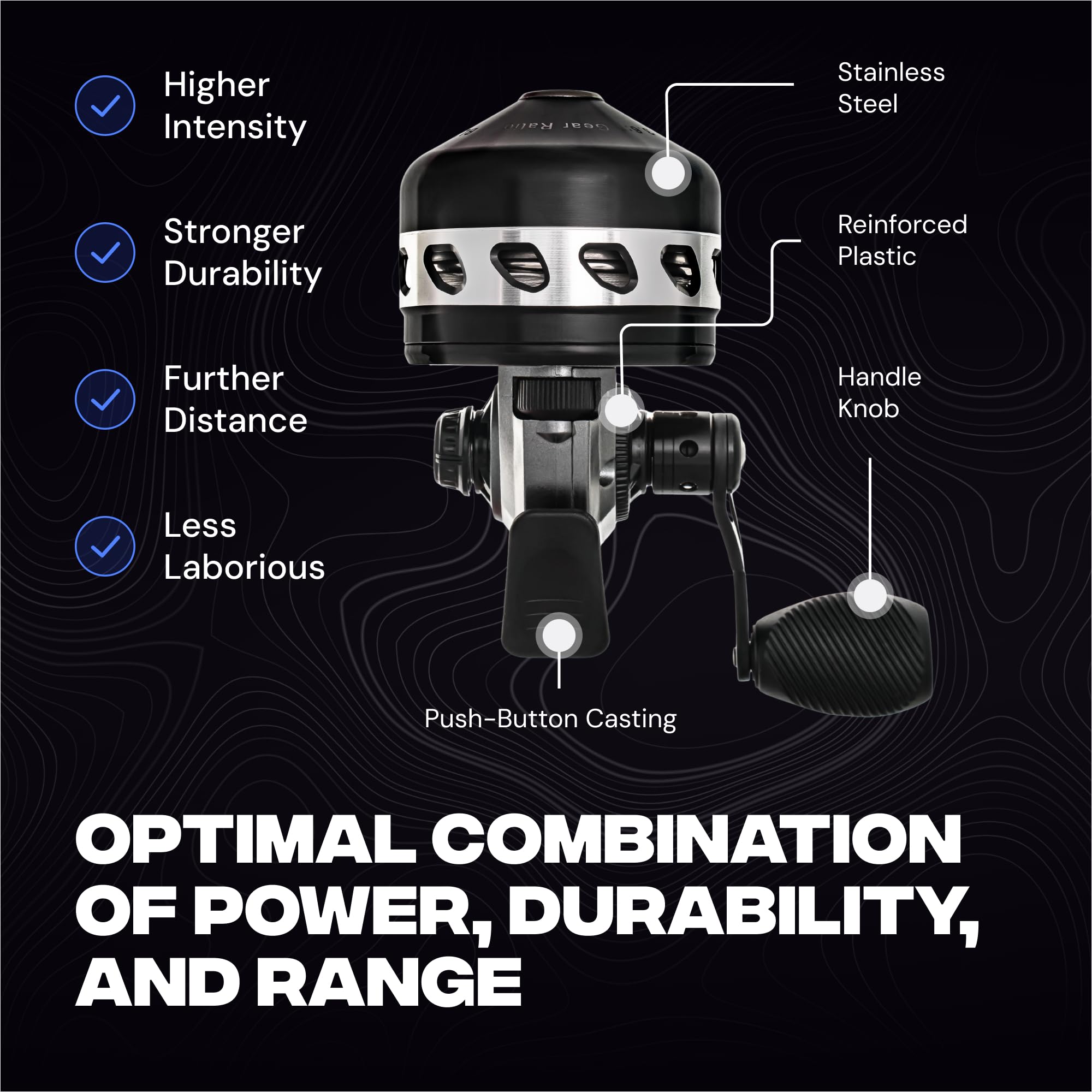BL33 reel showing reinforced rear cover and stainless steel feet
