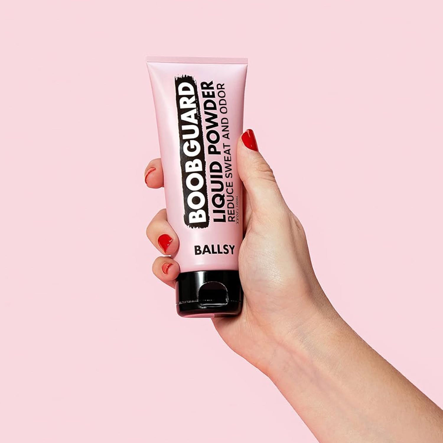 Ballsy BoobGuard hand application demonstrates quick-drying formula for on-the-go fresh feeling.