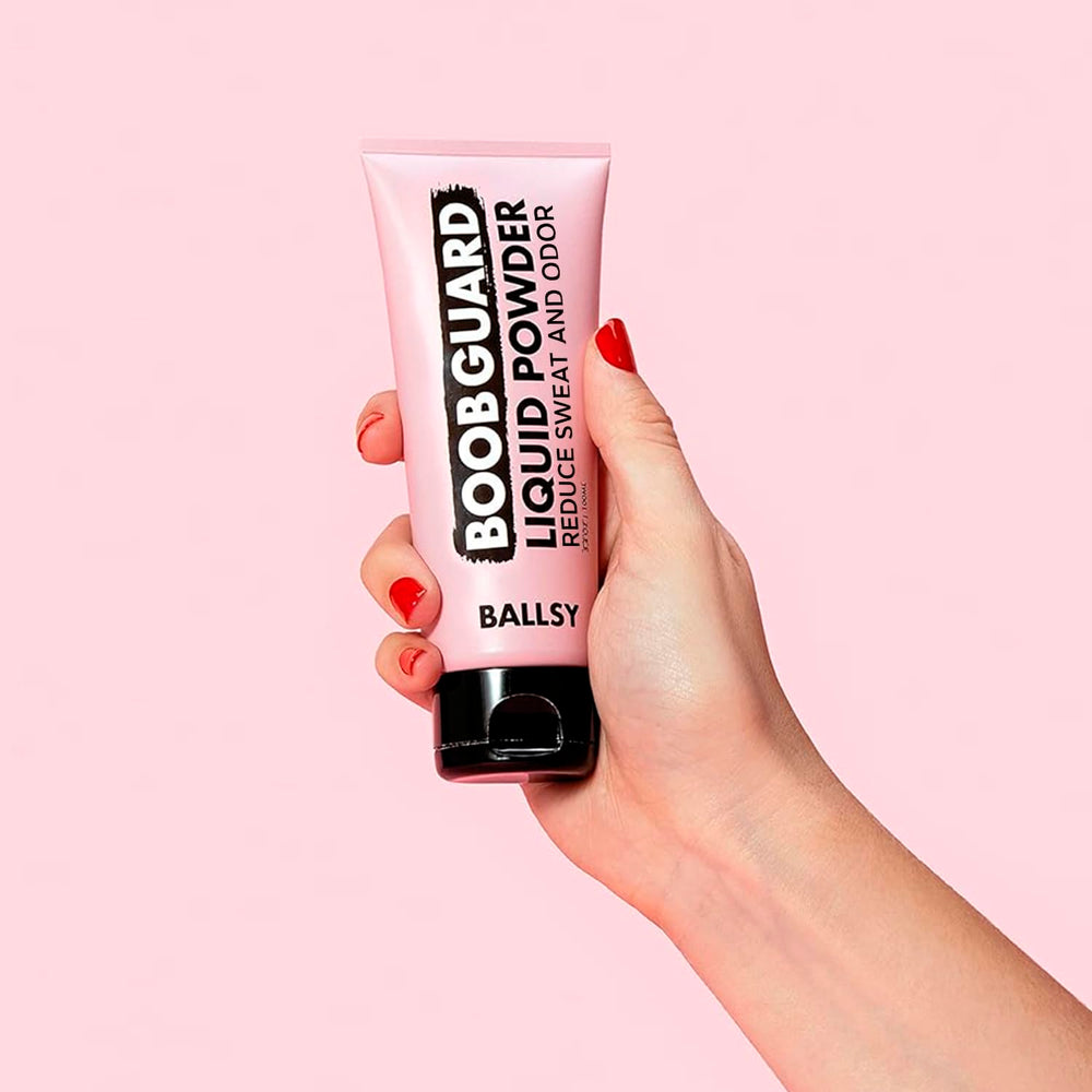 Ballsy BoobGuard hand application demonstrates quick-drying formula for on-the-go fresh feeling.
