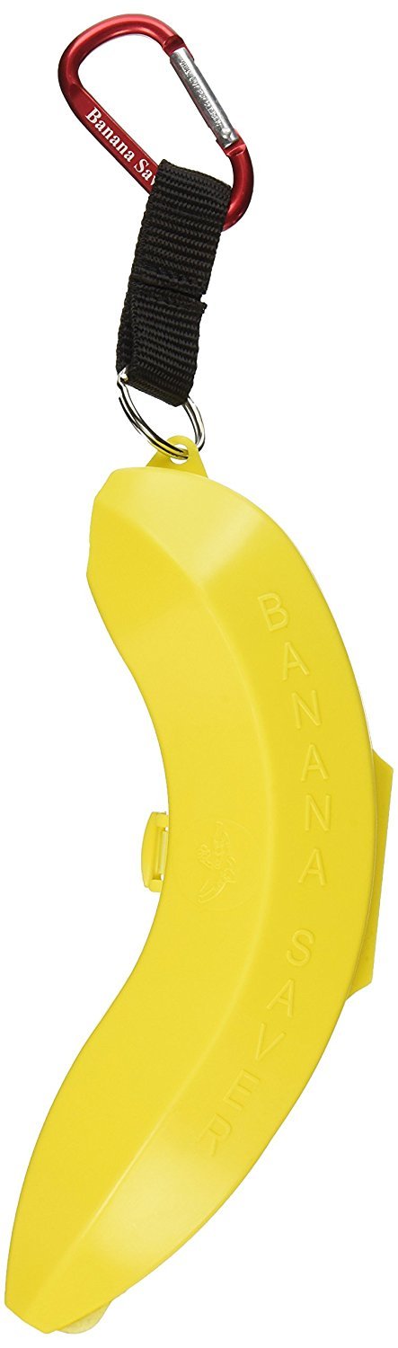 Banana Saver on-the-go case with carabiner protects fruit during travel.