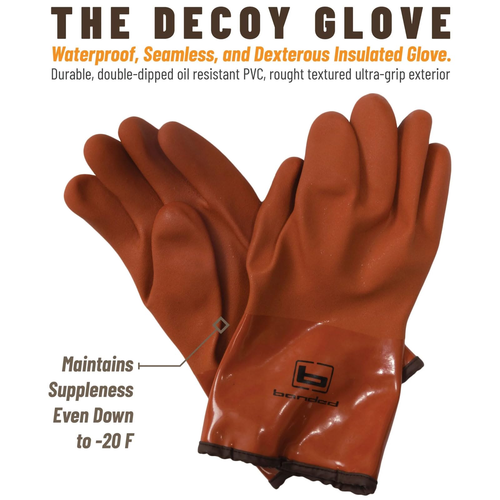 Banded Gear Decoy Glove with durable PVC exterior resists oils for longer wear.