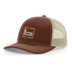 Banded Trucker Cap front view with camo panel for outdoor style and sun protection
