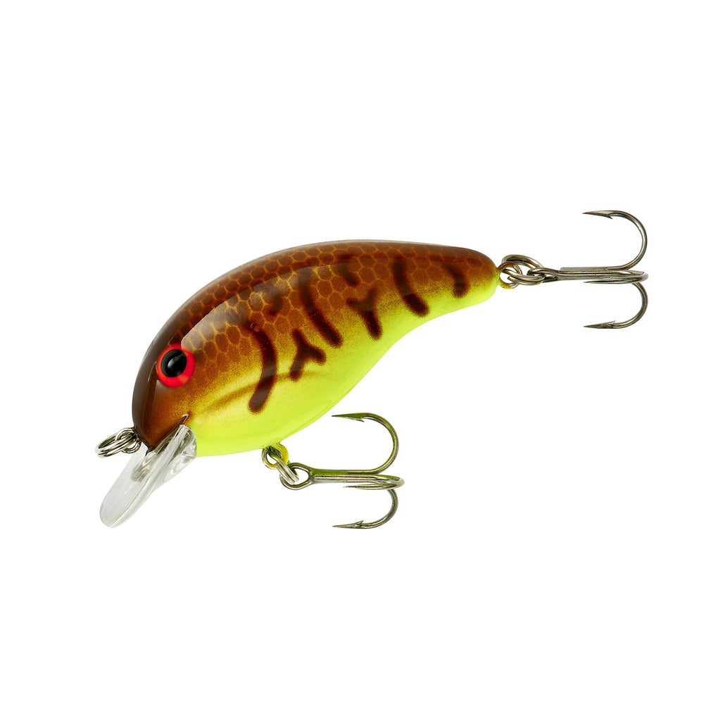 Bandit Lures Series 100 crankbait in brown craw with chartreuse belly attracts bass in shallow water.