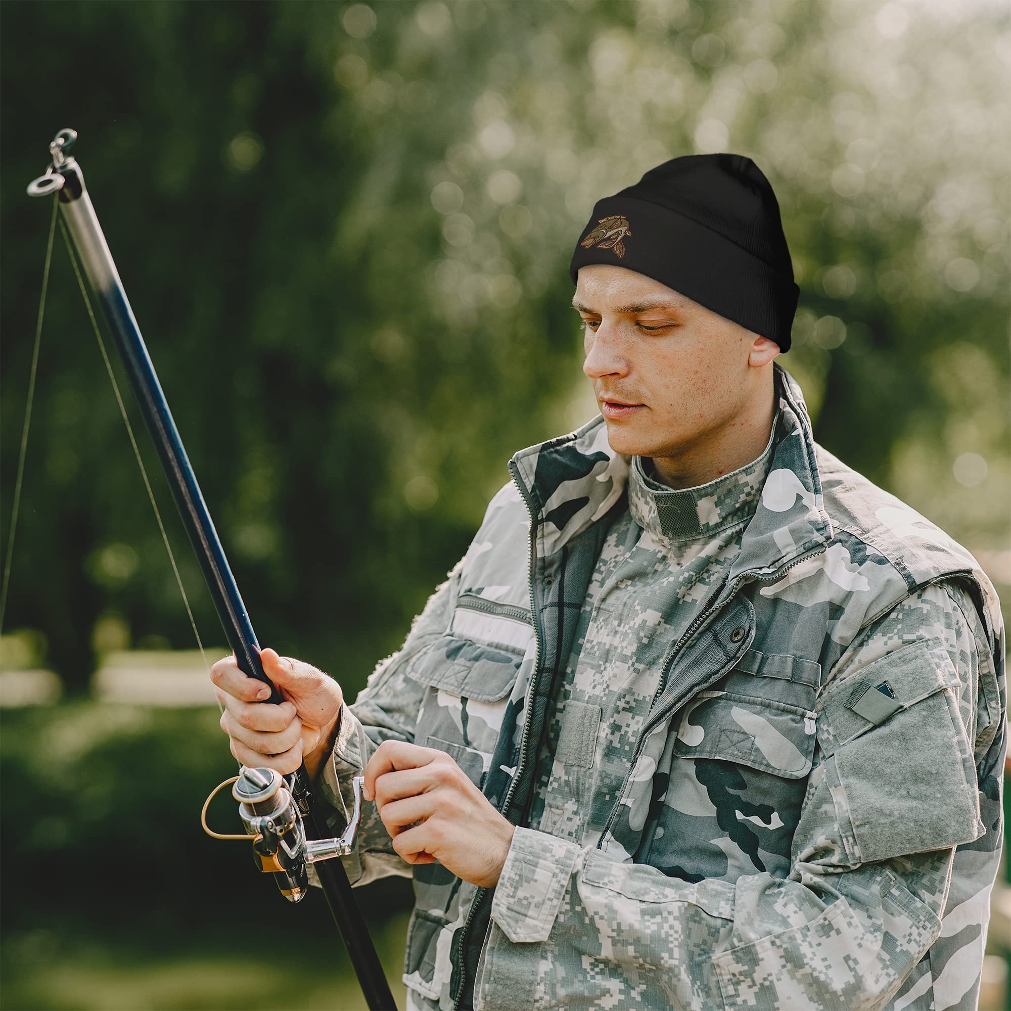 Bang Tidy carp fishing hat in black with double-layer knit for warmth (UK-made).