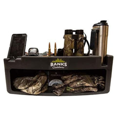 Banks Outdoors blind storage wall shelf with rubber-lined shelves keeps gear quiet and organized.