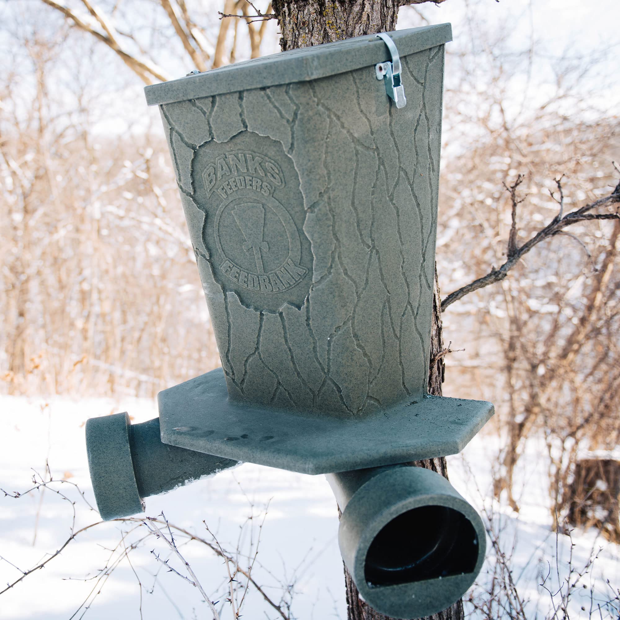 Banks Outdoors feed bank cover close-up shows watertight lid and easy filling.